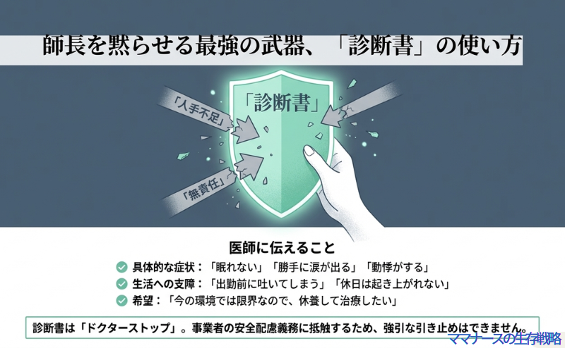 「診断書」という盾が「人手不足」や「無責任」という批判の矢を跳ね返しているイラスト。医師に伝えるべき具体的な症状や希望のリスト
