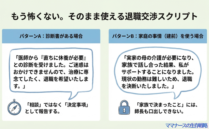 診断書がある場合と、家庭の事情を使う場合の2パターンの会話例。「相談」ではなく「決定事項」として伝えるポイントのまとめ