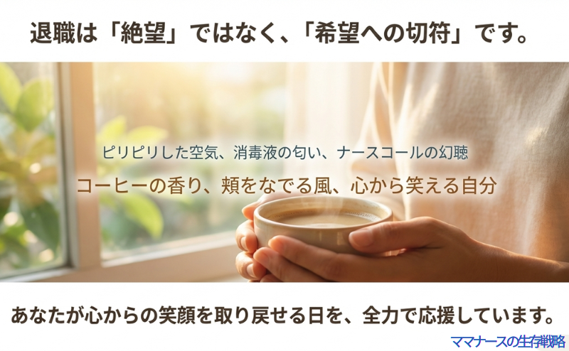 殺伐とした環境から、コーヒーの香りや風を感じる穏やかな日常へ。退職は絶望ではなく、笑顔を取り戻すための第一歩であるという応援メッセージ