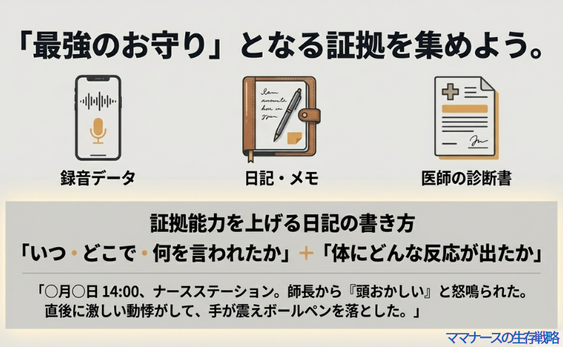 録音データ、日記・メモ、診断書のイラストと、証拠能力を上げる日記の具体的な書き方（いつ・どこで・何を言われ、体にどんな反応が出たか）の例。