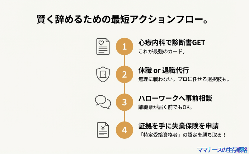 1.心療内科で診断書取得、2.休職or退職代行、3.ハローワーク相談、4.失業保険申請という、損をしないための4つのステップを図解したスライド