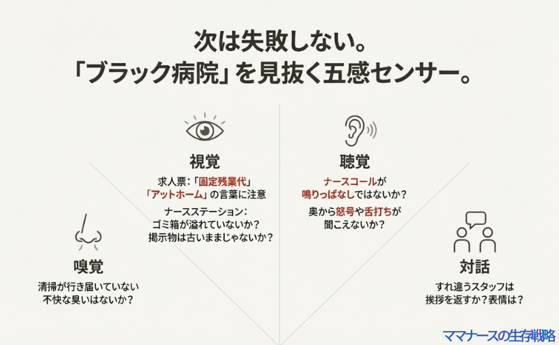 清掃状態（嗅覚）、求人票やゴミ箱（視覚）、ナースコールの放置や怒号（聴覚）、スタッフの挨拶（対話）など、五感を使ってブラックな職場を見抜くためのチェックポイント